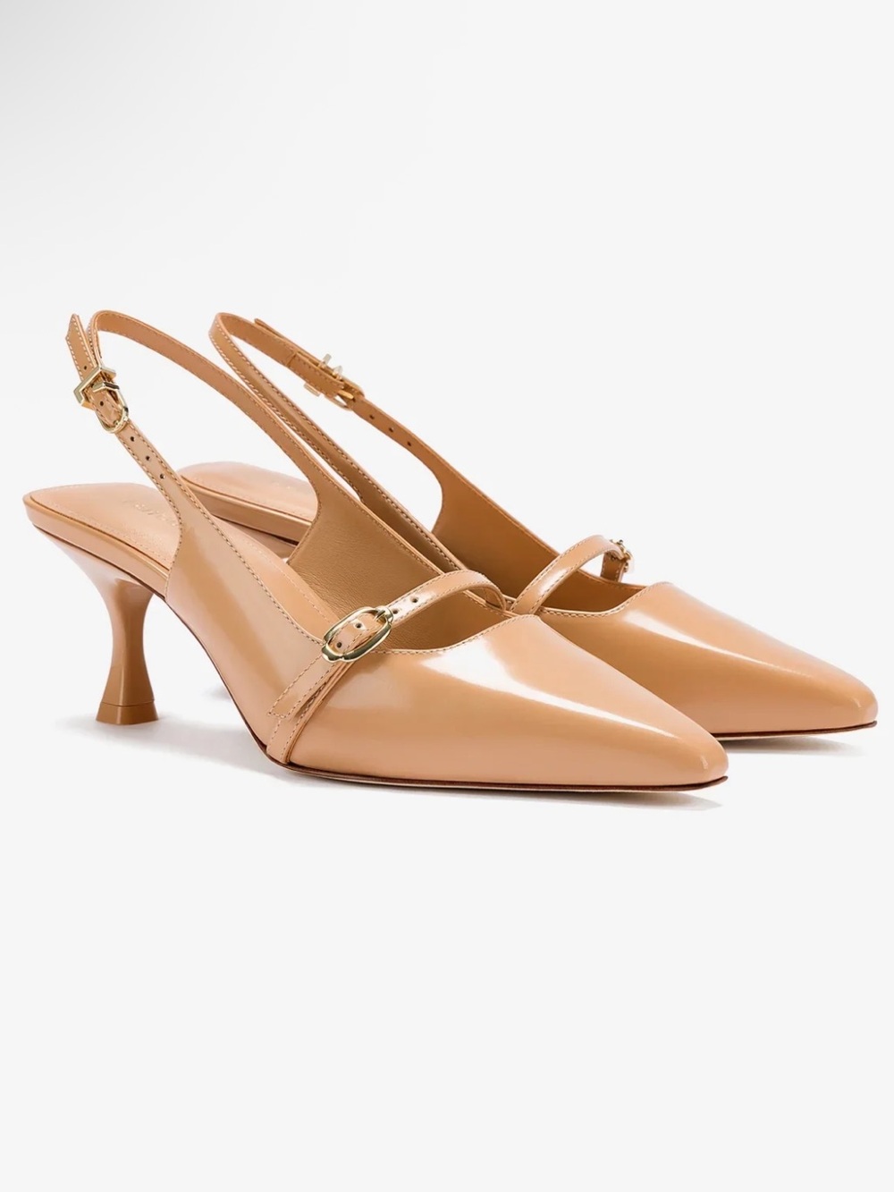 NEW NWOB Larroude Ines Slingback Pointed Toe Pump In Tan Patent Leather